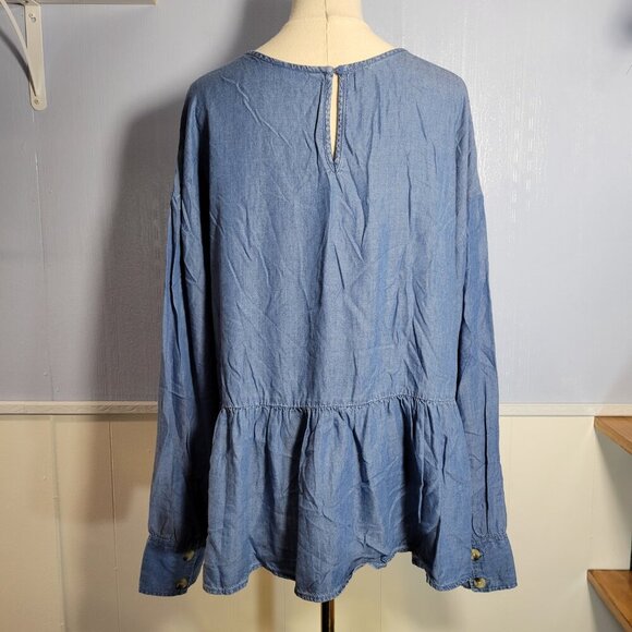 Time and Tru Extra Large Lyocell Denim Blue Longsleeve Keyhole Blouse - Picture 3 of 11
